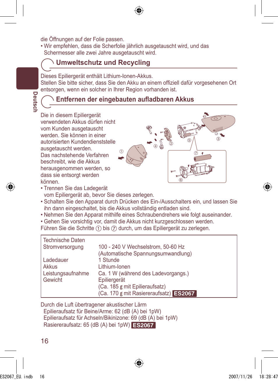 Umweltschutz und recycling, Entfernen der eingebauten auﬂ adbaren akkus | Panasonic ES2067 User Manual | Page 16 / 168