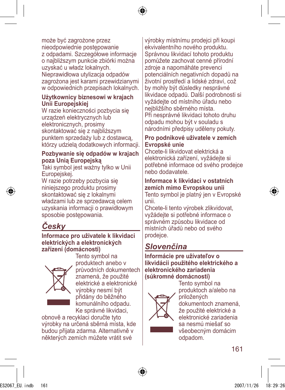 Česky, Slovenčina | Panasonic ES2067 User Manual | Page 161 / 168