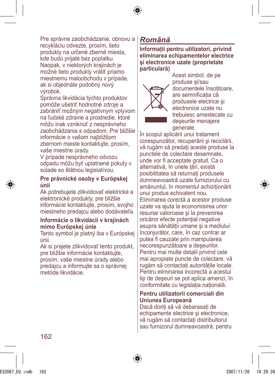 Română | Panasonic ES2067 User Manual | Page 162 / 168