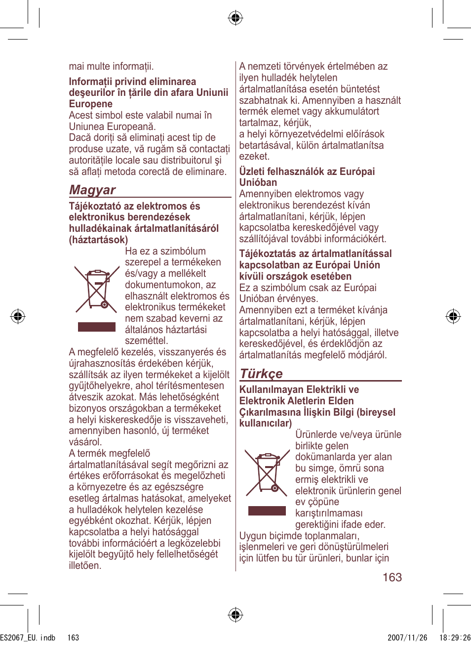 Magyar, Türkçe | Panasonic ES2067 User Manual | Page 163 / 168