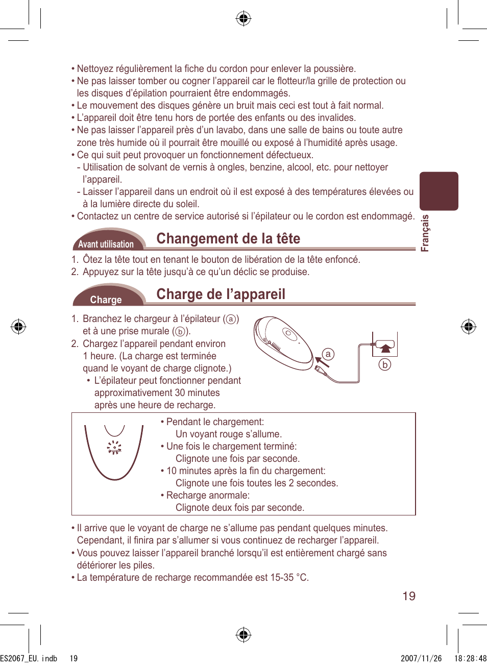 Changement de la tête, Charge de l’appareil | Panasonic ES2067 User Manual | Page 19 / 168