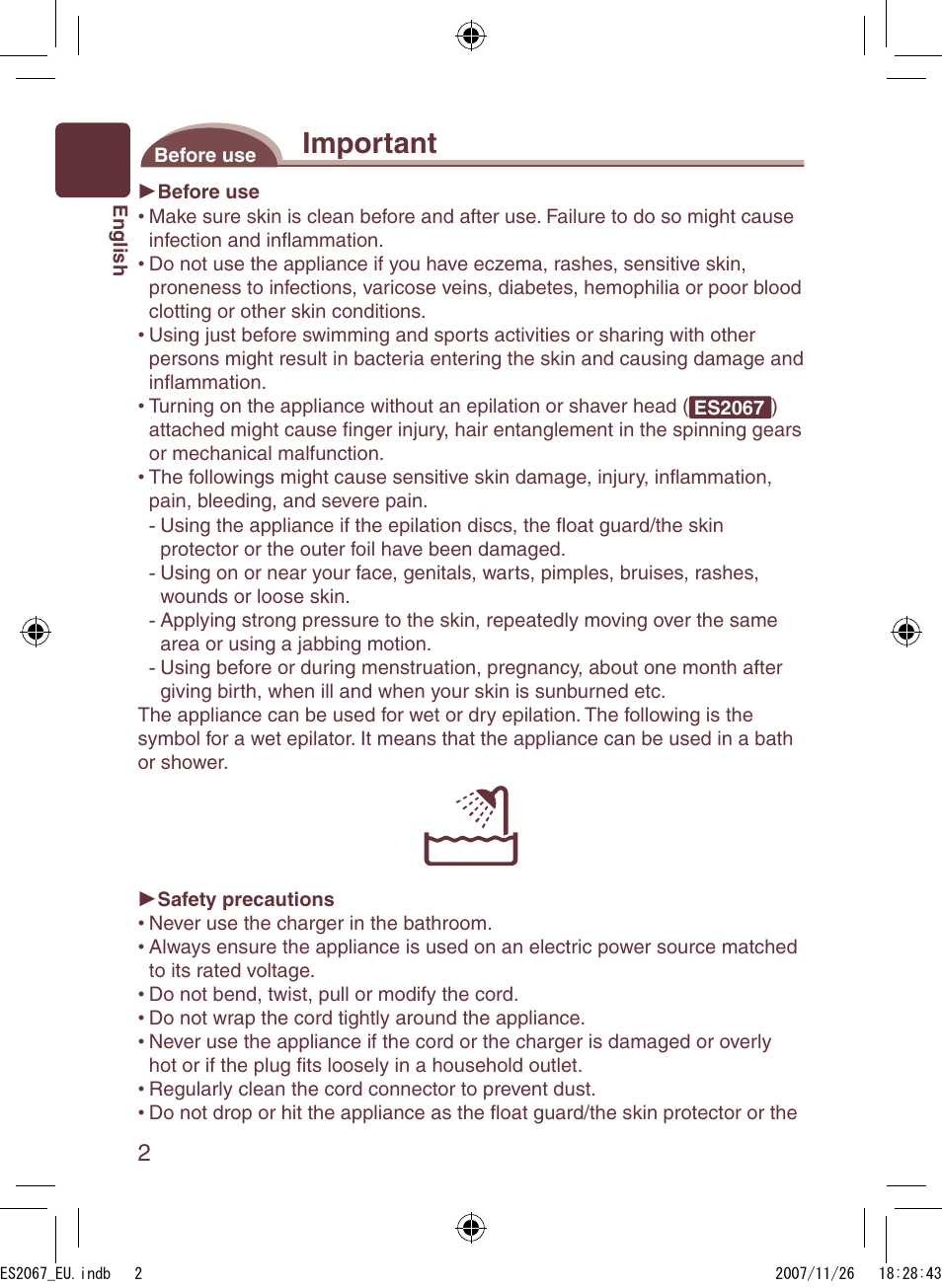 Important | Panasonic ES2067 User Manual | Page 2 / 168