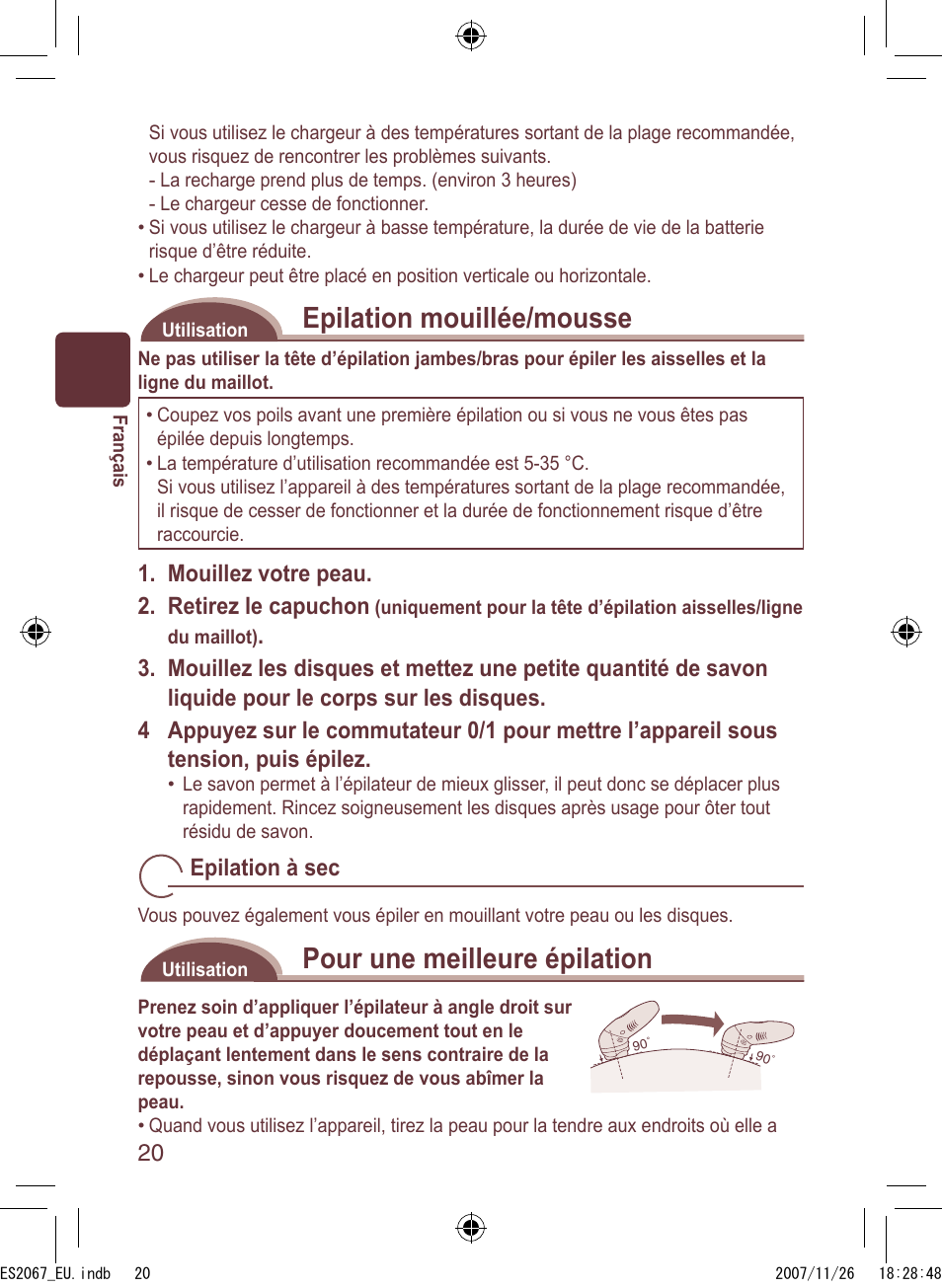 Epilation mouillée/mousse, Pour une meilleure épilation | Panasonic ES2067 User Manual | Page 20 / 168