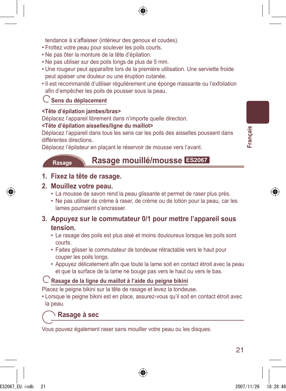 Rasage mouillé/mousse, Fixez la tête de rasage. 2. mouillez votre peau, Rasage à sec | Panasonic ES2067 User Manual | Page 21 / 168