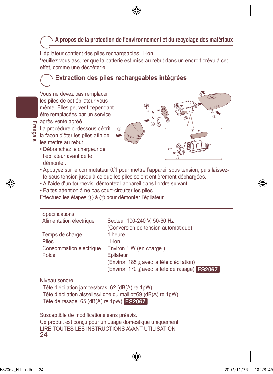 Extraction des piles rechargeables intégrées | Panasonic ES2067 User Manual | Page 24 / 168