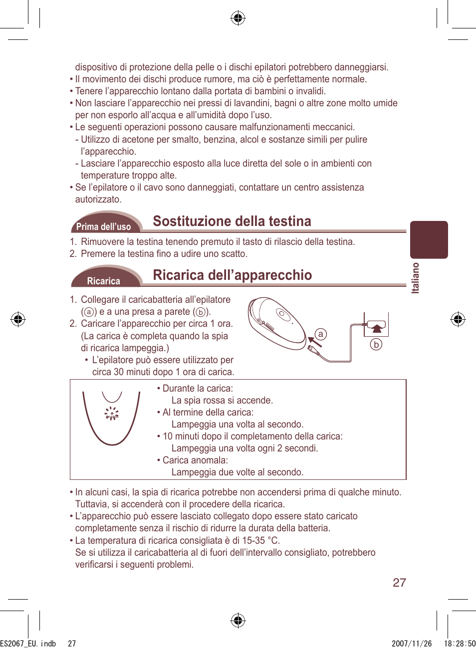 Sostituzione della testina, Ricarica dell’apparecchio | Panasonic ES2067 User Manual | Page 27 / 168