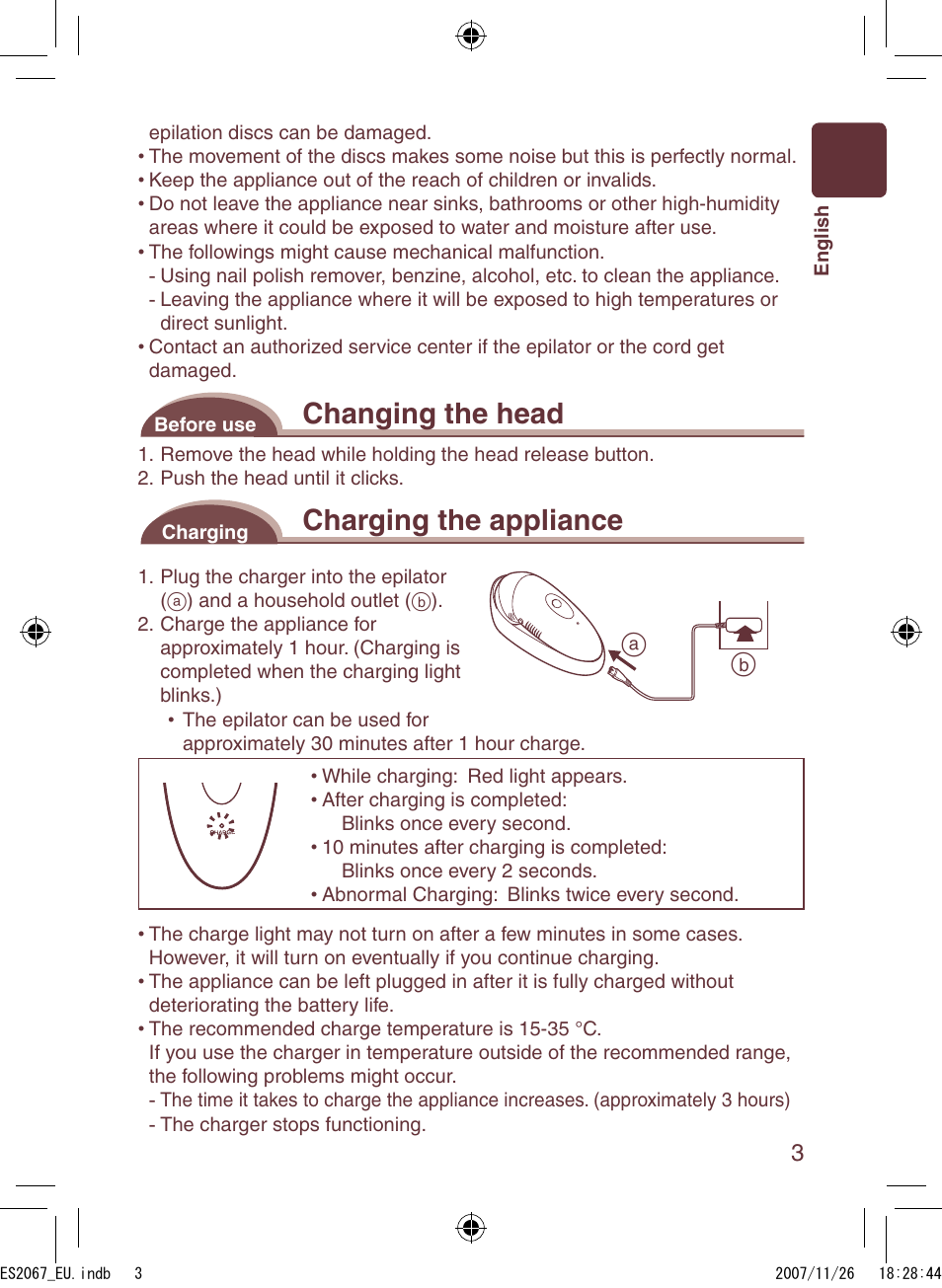 Changing the head, Charging the appliance | Panasonic ES2067 User Manual | Page 3 / 168