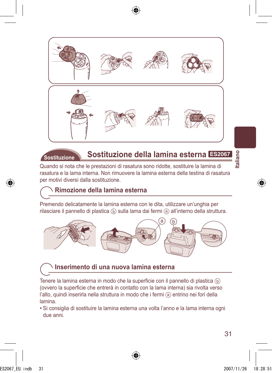 Sostituzione della lamina esterna | Panasonic ES2067 User Manual | Page 31 / 168