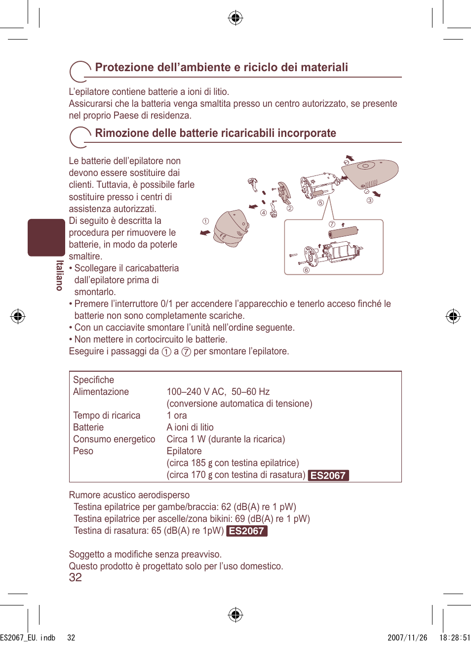 Protezione dell’ambiente e riciclo dei materiali, Rimozione delle batterie ricaricabili incorporate | Panasonic ES2067 User Manual | Page 32 / 168