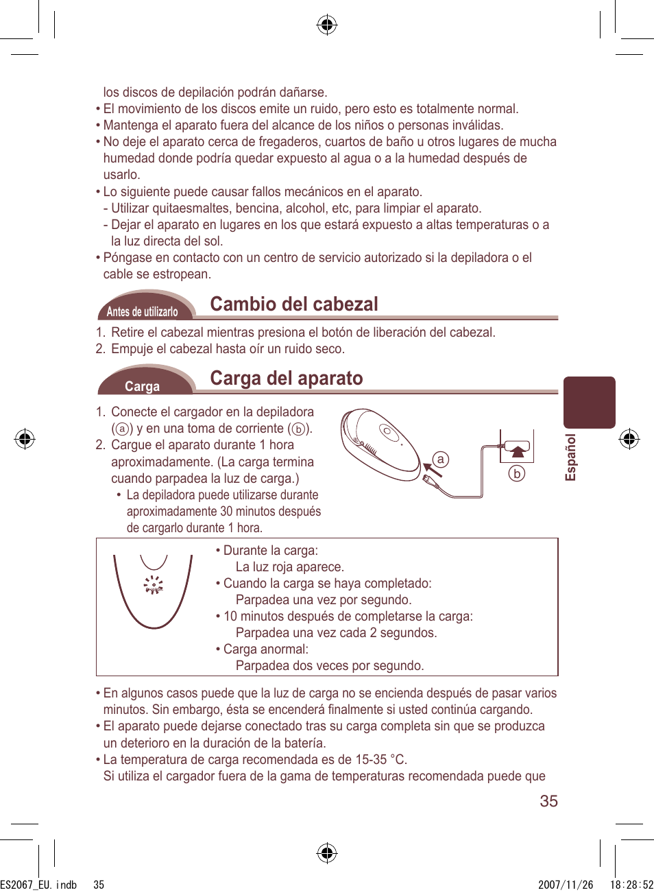 Cambio del cabezal, Carga del aparato | Panasonic ES2067 User Manual | Page 35 / 168