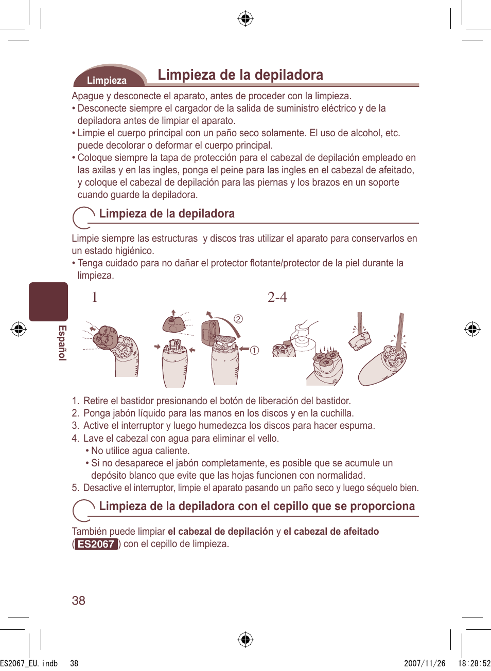 Limpieza de la depiladora | Panasonic ES2067 User Manual | Page 38 / 168