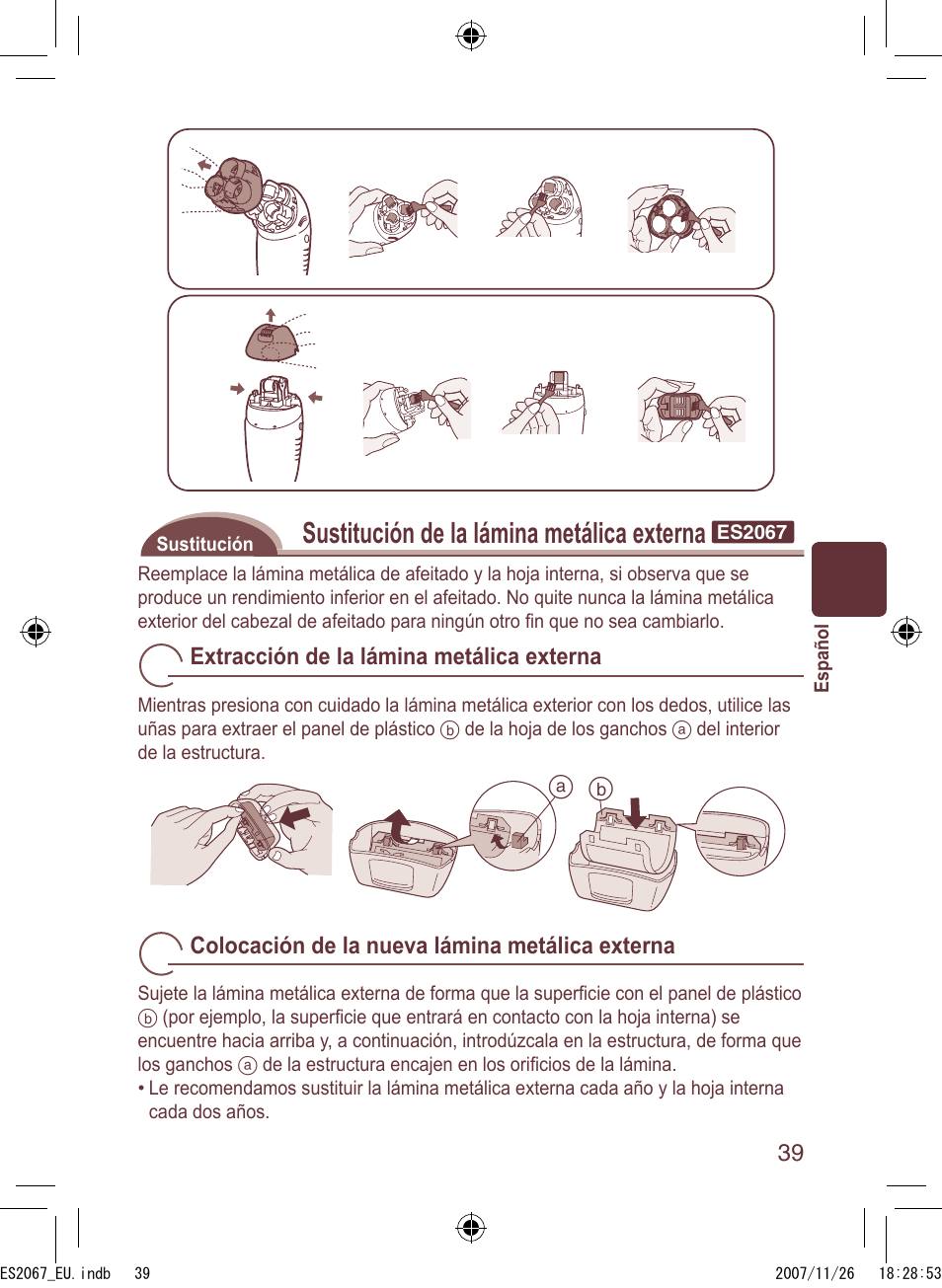 Sustitución de la lámina metálica externa | Panasonic ES2067 User Manual | Page 39 / 168