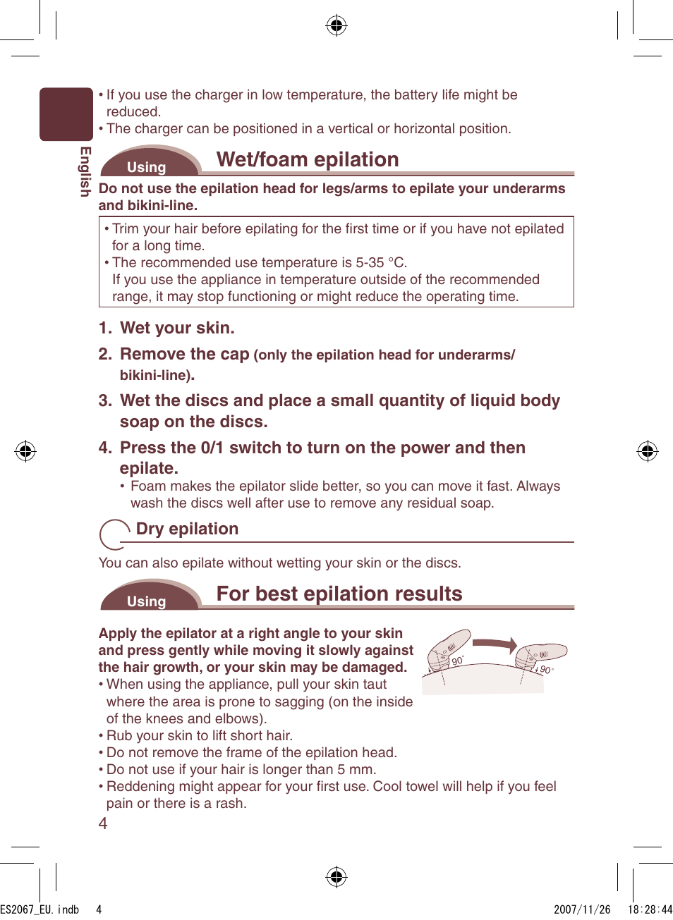 Wet/foam epilation, For best epilation results | Panasonic ES2067 User Manual | Page 4 / 168