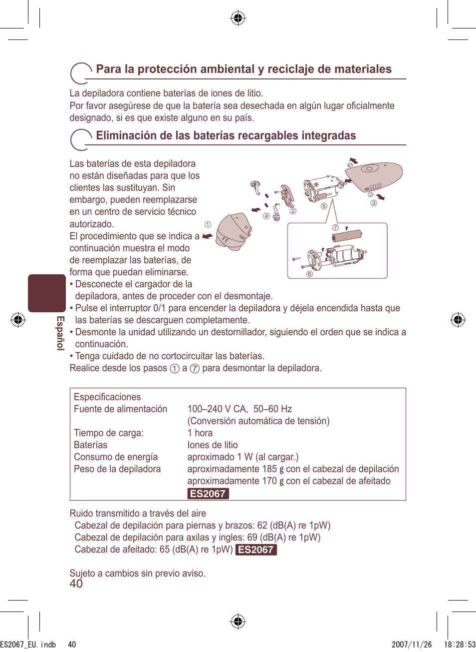 Eliminación de las baterías recargables integradas | Panasonic ES2067 User Manual | Page 40 / 168