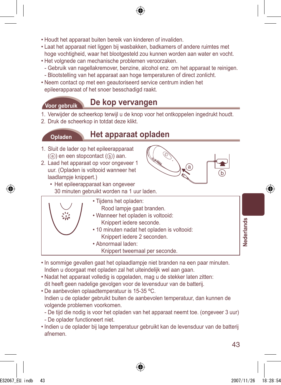 De kop vervangen, Het apparaat opladen | Panasonic ES2067 User Manual | Page 43 / 168