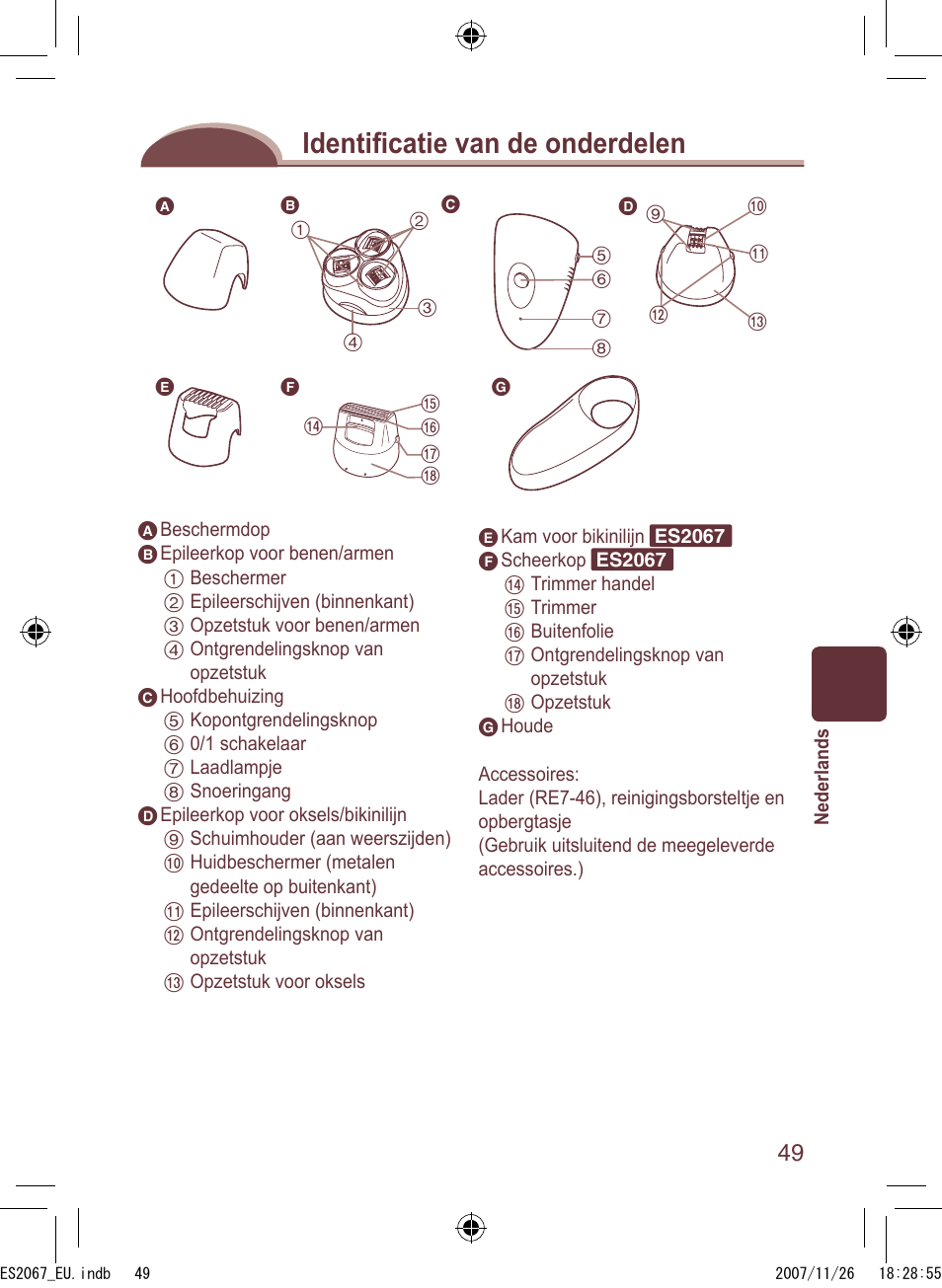Identiﬁ catie van de onderdelen | Panasonic ES2067 User Manual | Page 49 / 168