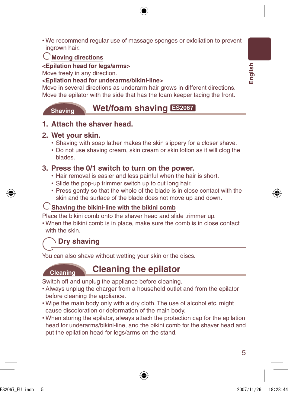Wet/foam shaving, Cleaning the epilator | Panasonic ES2067 User Manual | Page 5 / 168