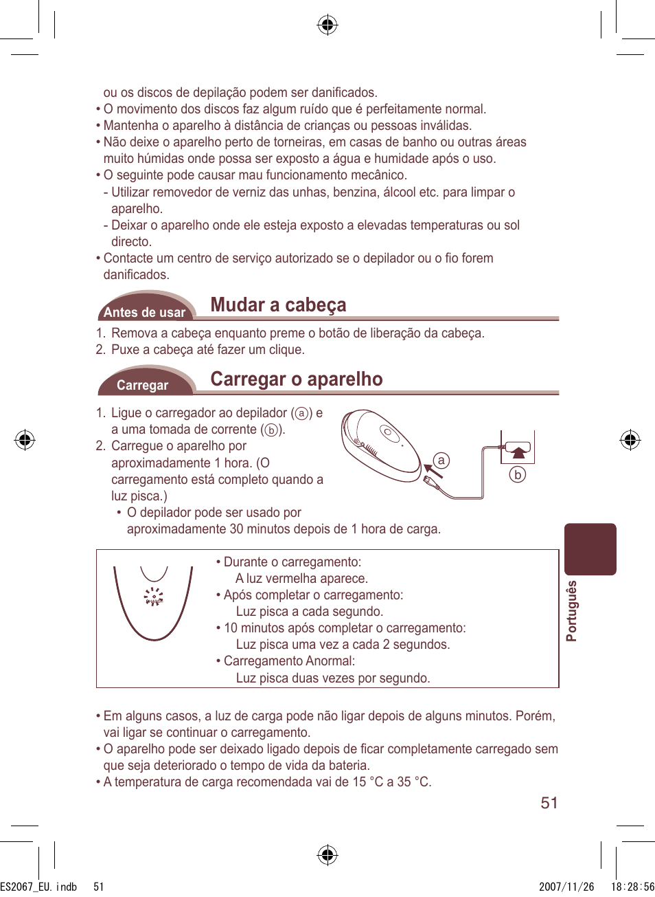 Mudar a cabeça, Carregar o aparelho | Panasonic ES2067 User Manual | Page 51 / 168