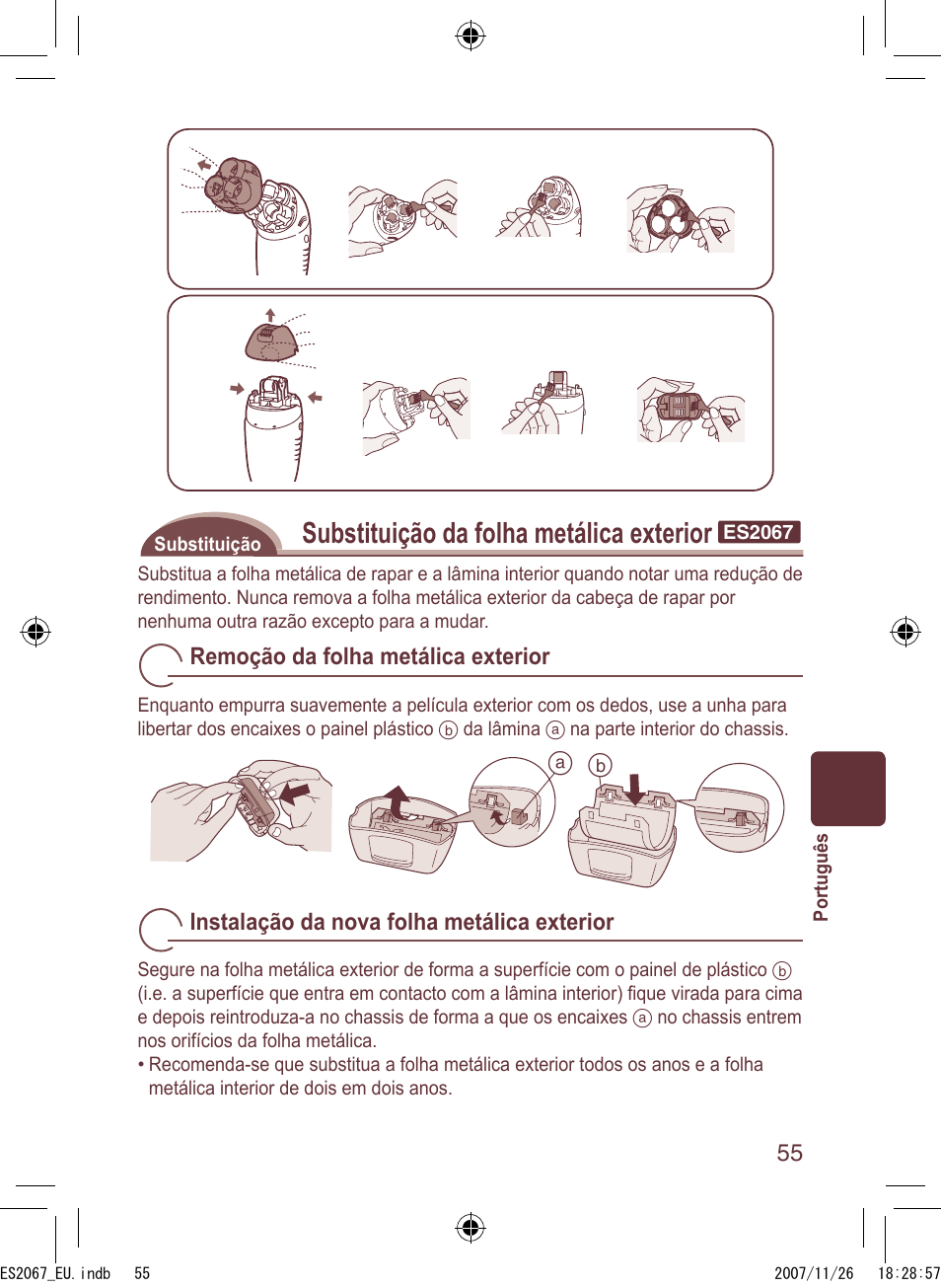 Substituição da folha metálica exterior | Panasonic ES2067 User Manual | Page 55 / 168