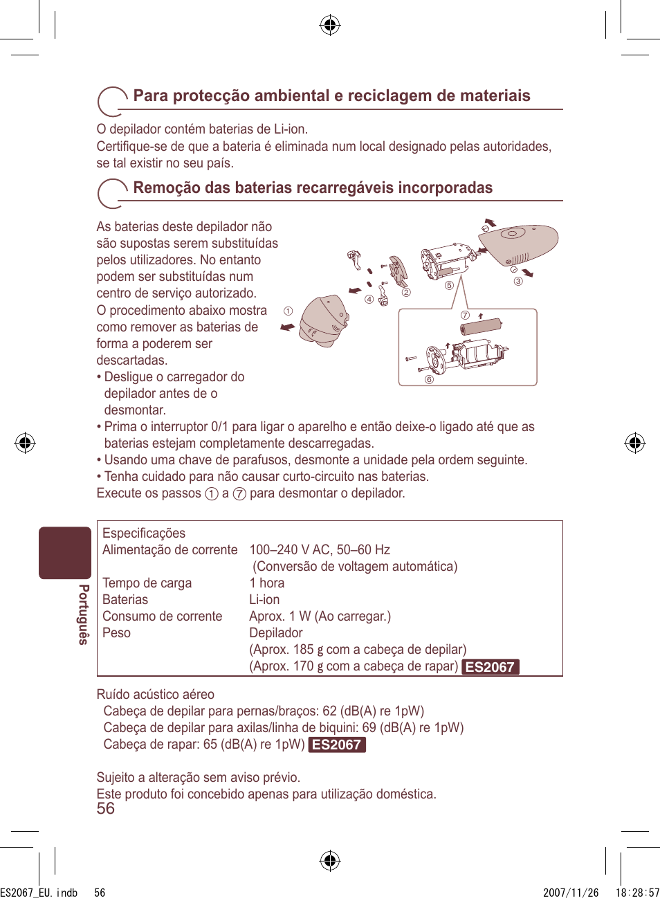 Para protecção ambiental e reciclagem de materiais, Remoção das baterias recarregáveis incorporadas | Panasonic ES2067 User Manual | Page 56 / 168