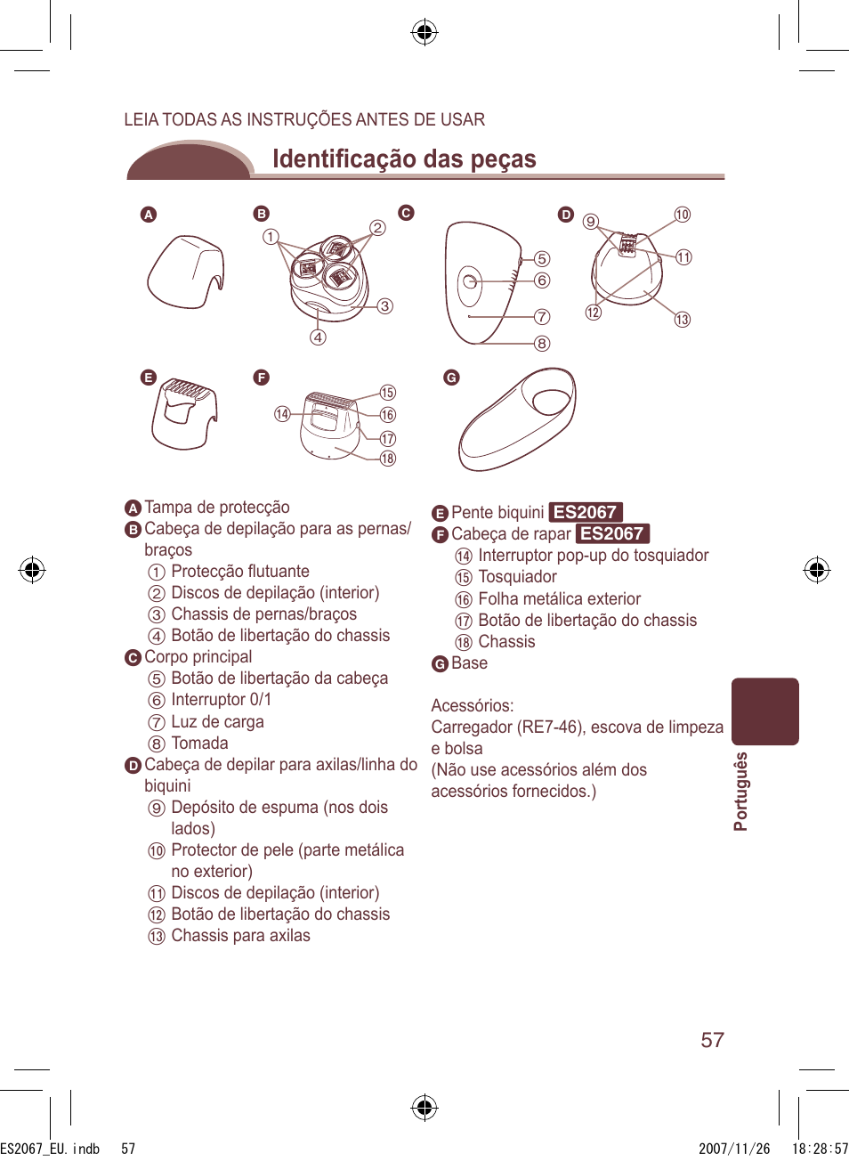 Identiﬁ cação das peças | Panasonic ES2067 User Manual | Page 57 / 168