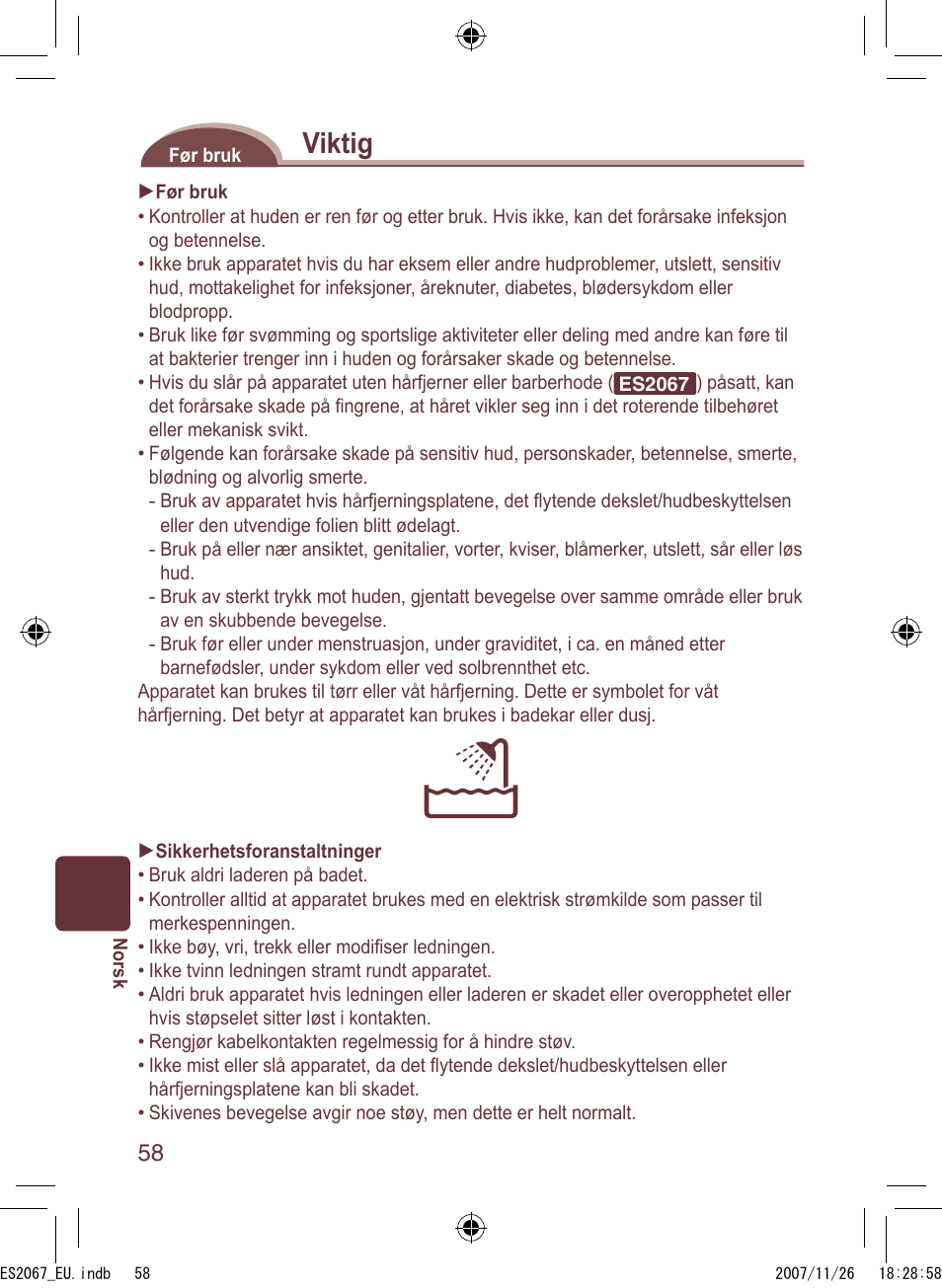Viktig | Panasonic ES2067 User Manual | Page 58 / 168