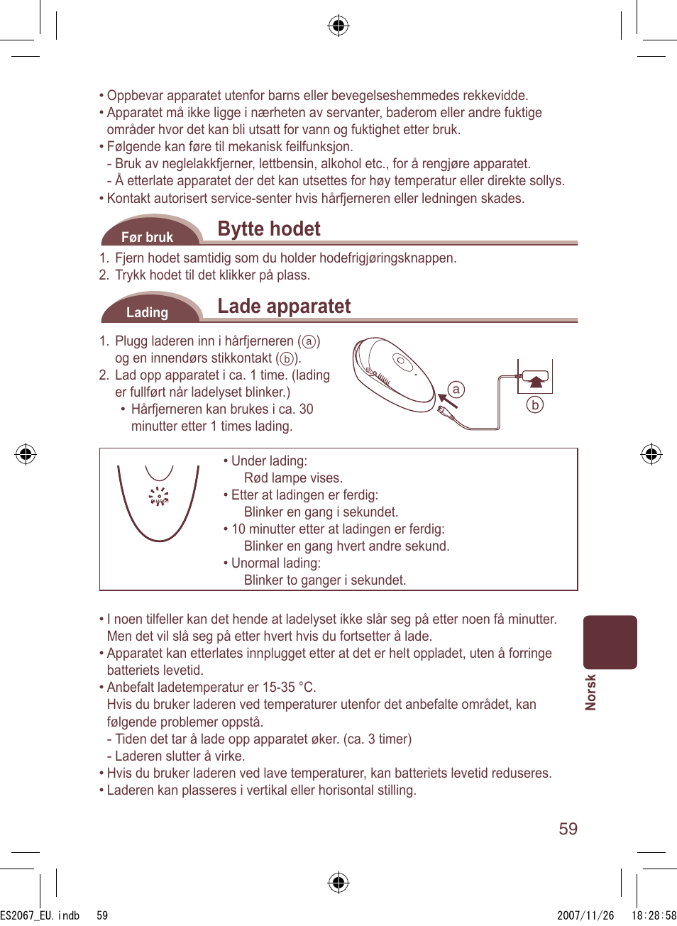 Bytte hodet, Lade apparatet | Panasonic ES2067 User Manual | Page 59 / 168