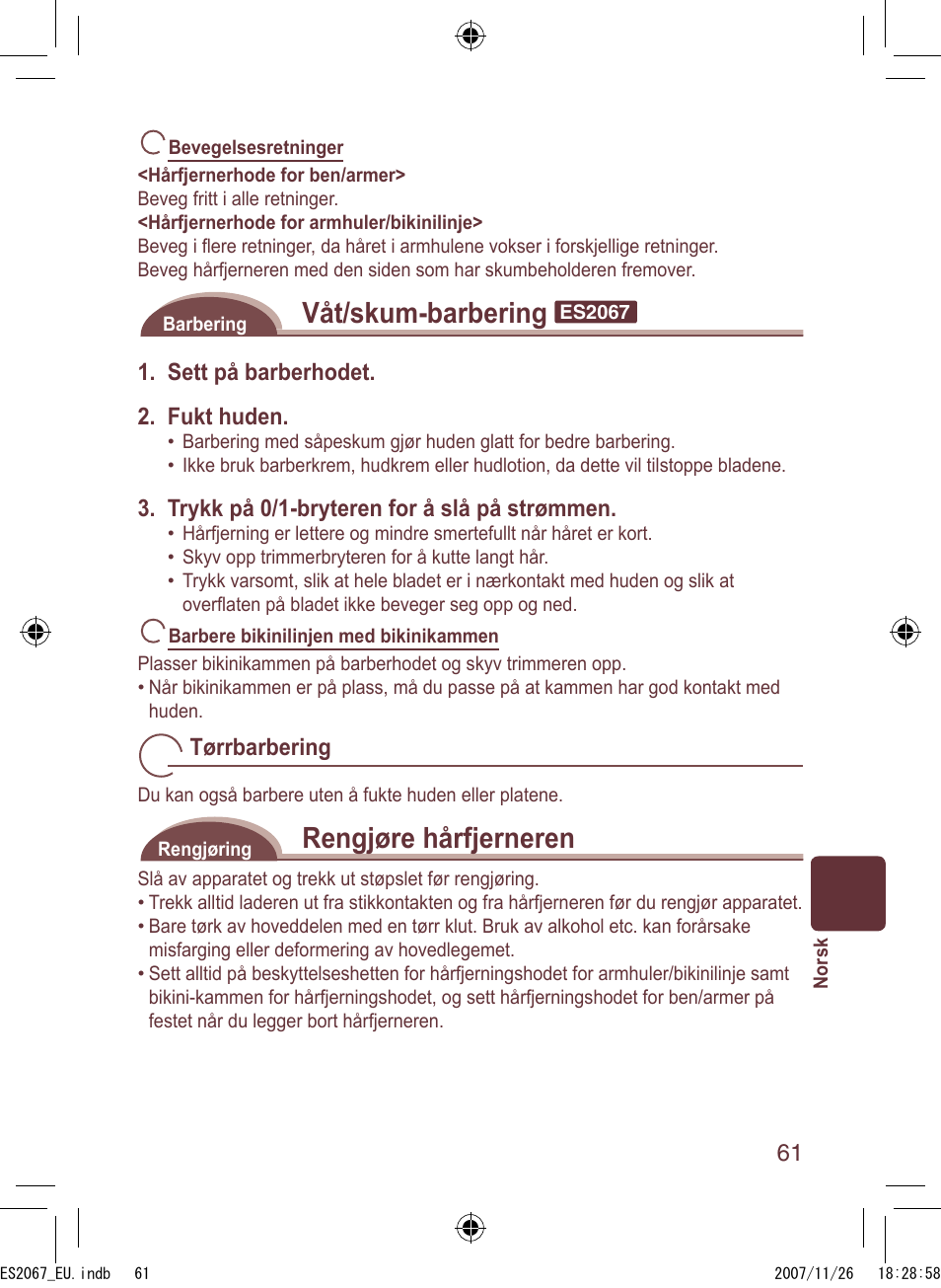 Våt/skum-barbering, Rengjøre hårfjerneren | Panasonic ES2067 User Manual | Page 61 / 168
