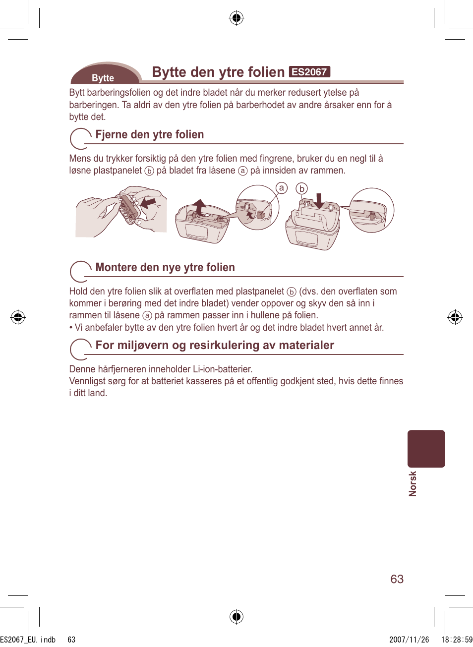 Bytte den ytre folien | Panasonic ES2067 User Manual | Page 63 / 168