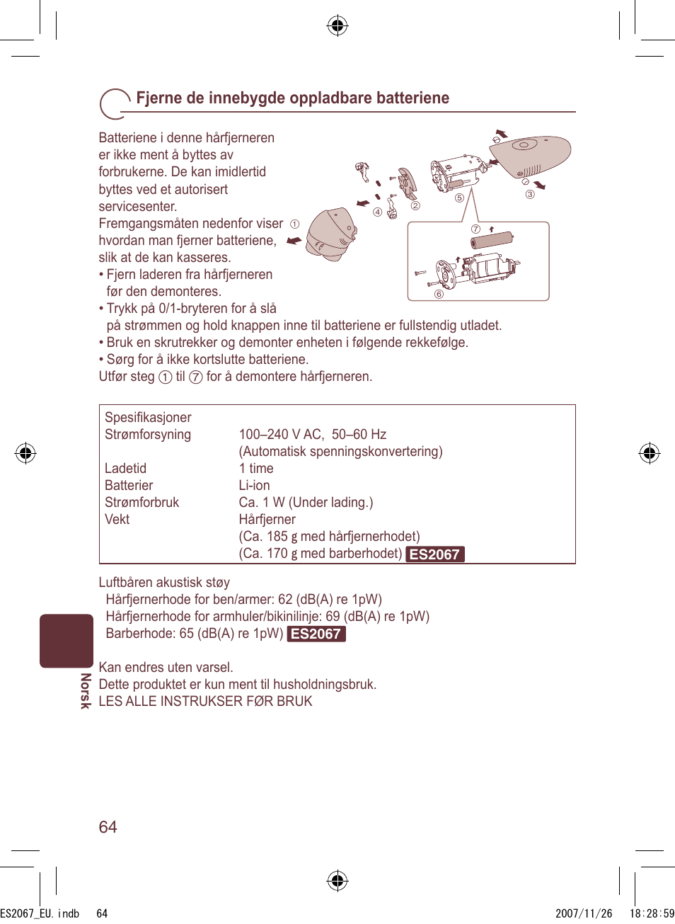 Fjerne de innebygde oppladbare batteriene | Panasonic ES2067 User Manual | Page 64 / 168