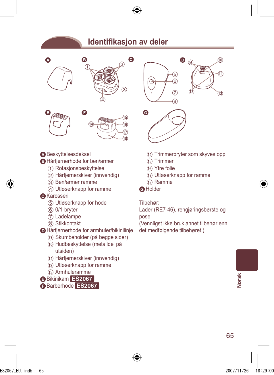Identiﬁ kasjon av deler | Panasonic ES2067 User Manual | Page 65 / 168