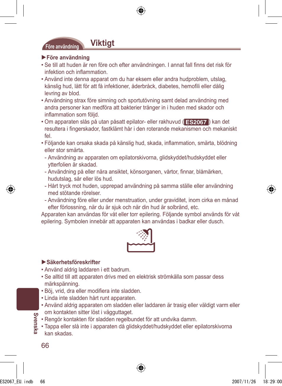 Viktigt | Panasonic ES2067 User Manual | Page 66 / 168
