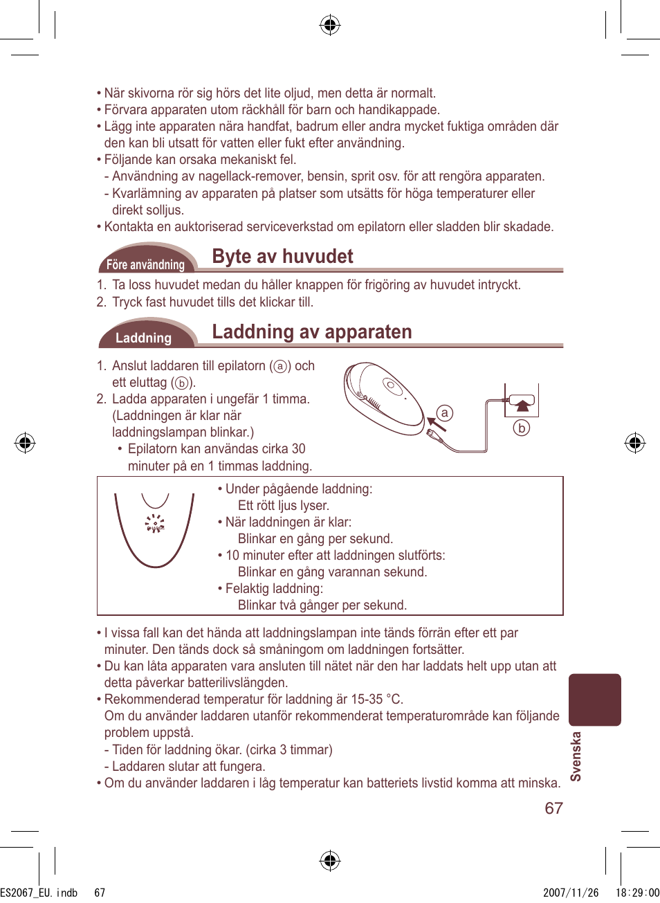 Byte av huvudet, Laddning av apparaten | Panasonic ES2067 User Manual | Page 67 / 168