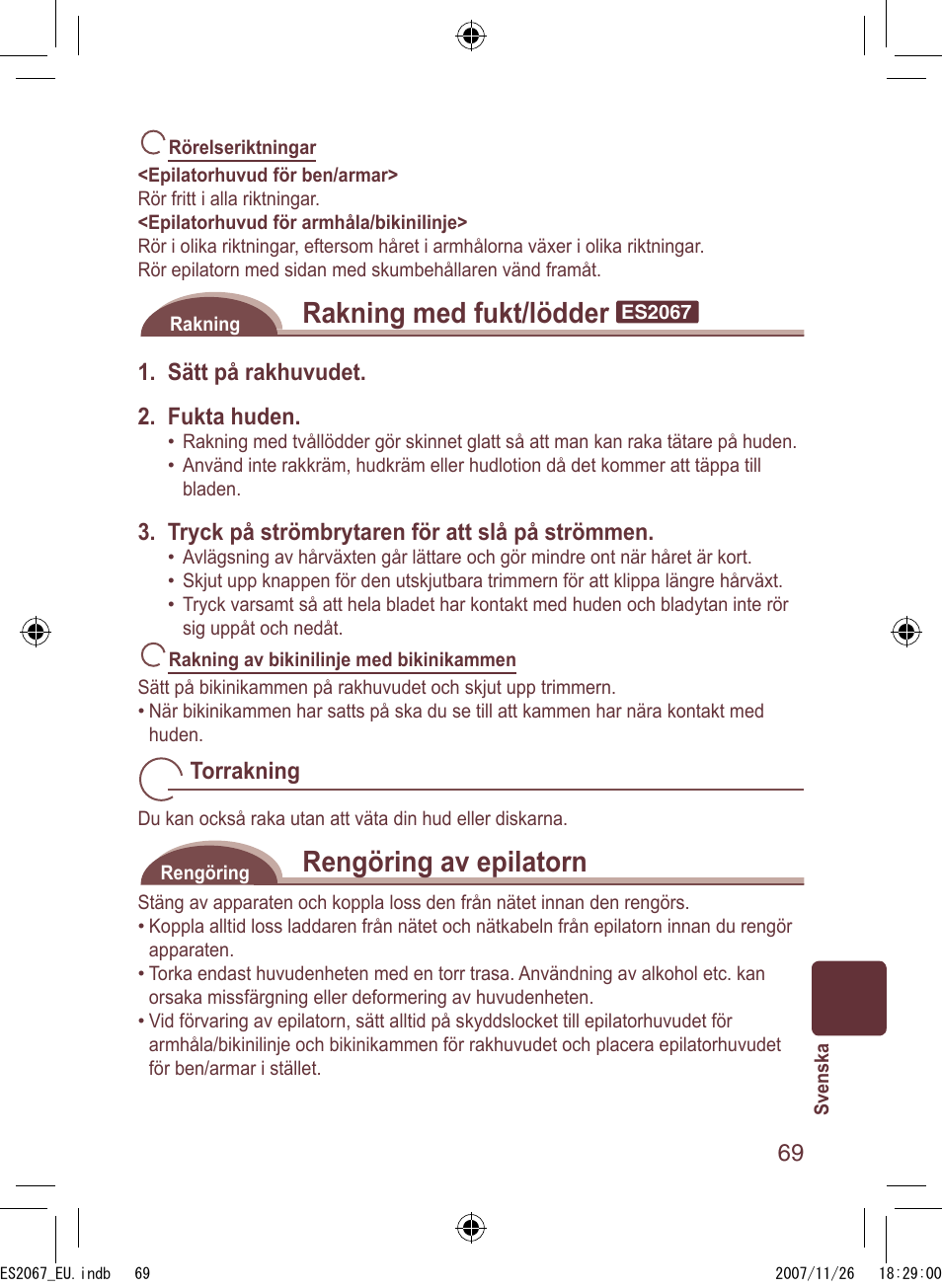 Rakning med fukt/lödder, Rengöring av epilatorn | Panasonic ES2067 User Manual | Page 69 / 168