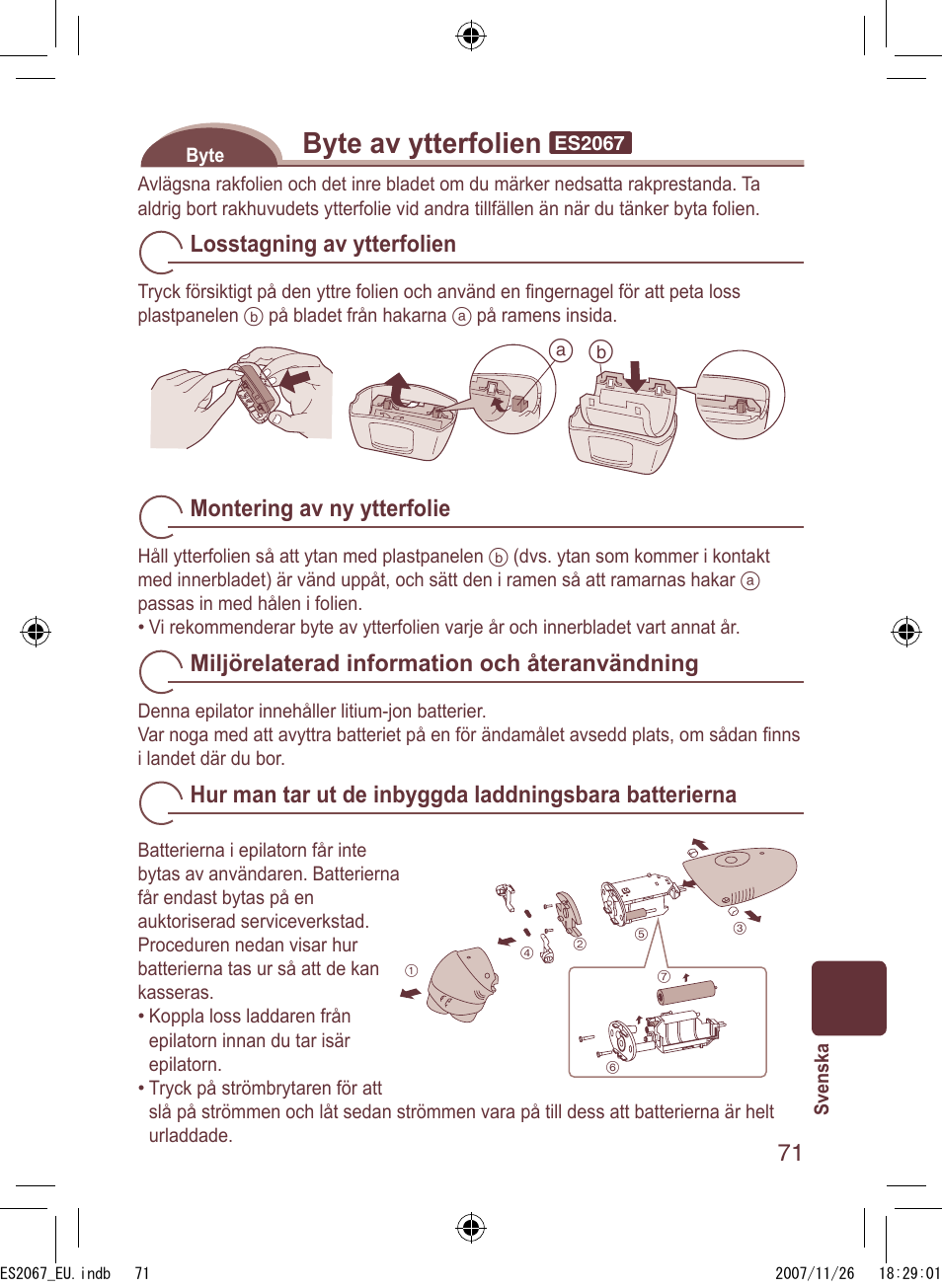 Byte av ytterfolien, Losstagning av ytterfolien, Montering av ny ytterfolie | Miljörelaterad information och återanvändning | Panasonic ES2067 User Manual | Page 71 / 168