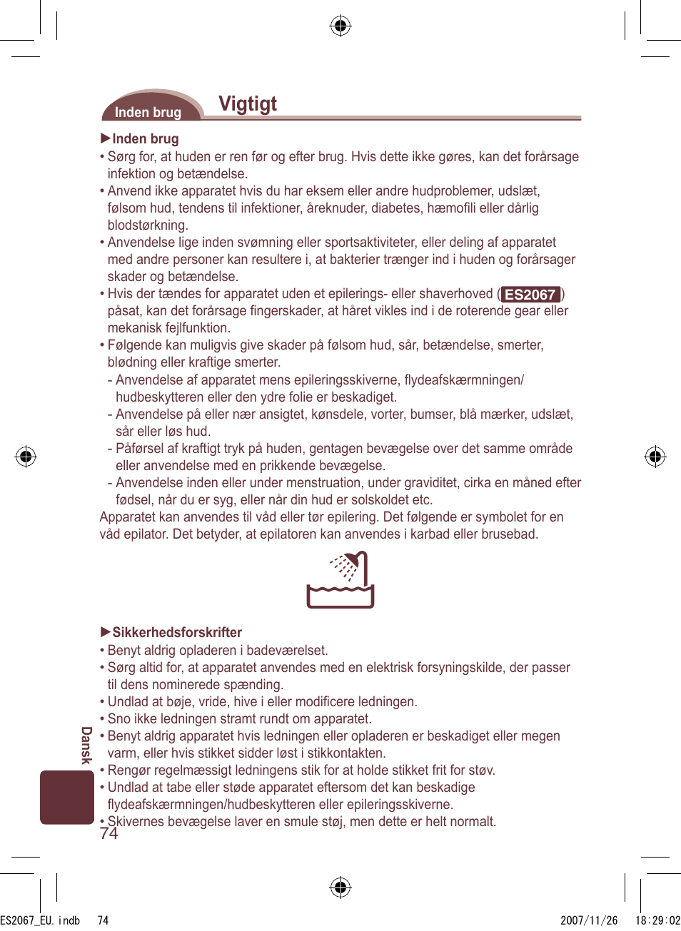 Vigtigt | Panasonic ES2067 User Manual | Page 74 / 168