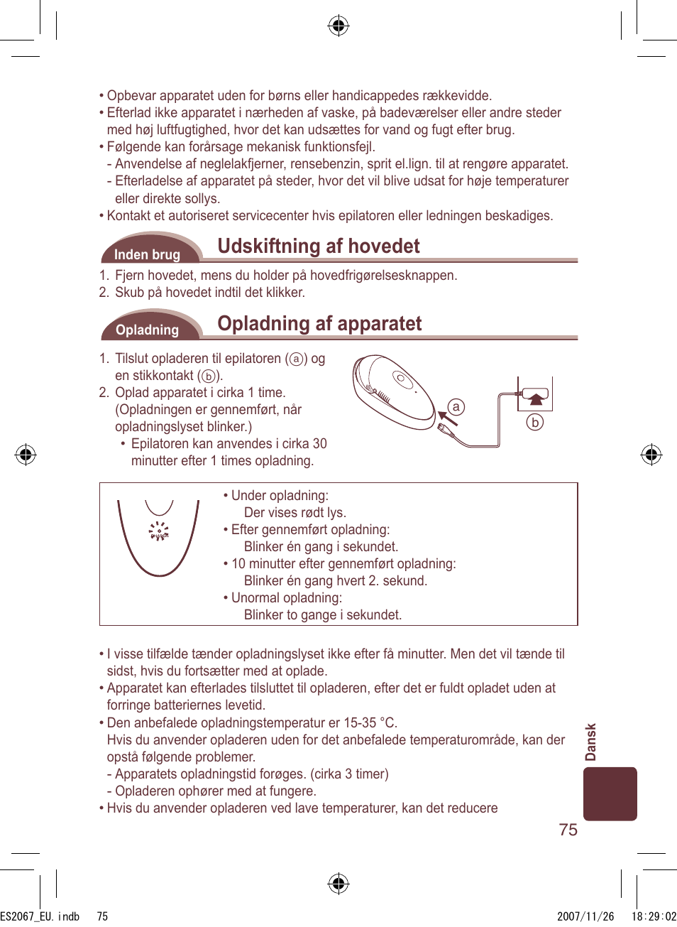 Udskiftning af hovedet, Opladning af apparatet | Panasonic ES2067 User Manual | Page 75 / 168