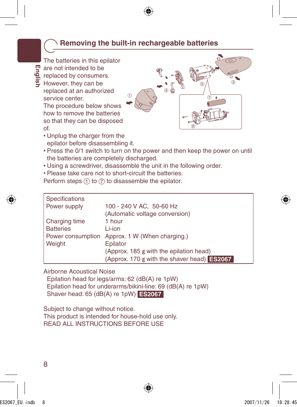 Removing the built-in rechargeable batteries | Panasonic ES2067 User Manual | Page 8 / 168