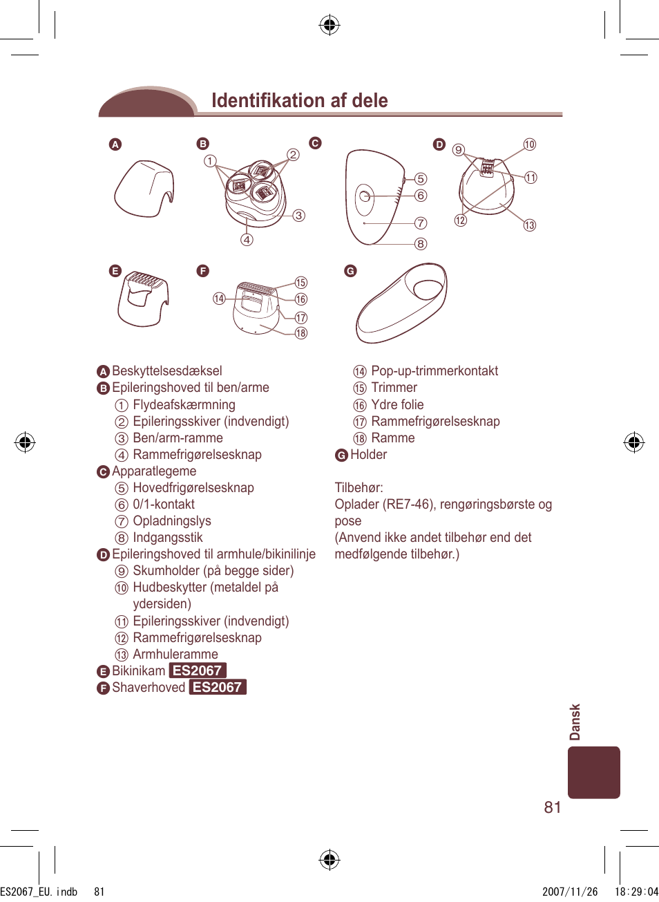 Identiﬁ kation af dele | Panasonic ES2067 User Manual | Page 81 / 168