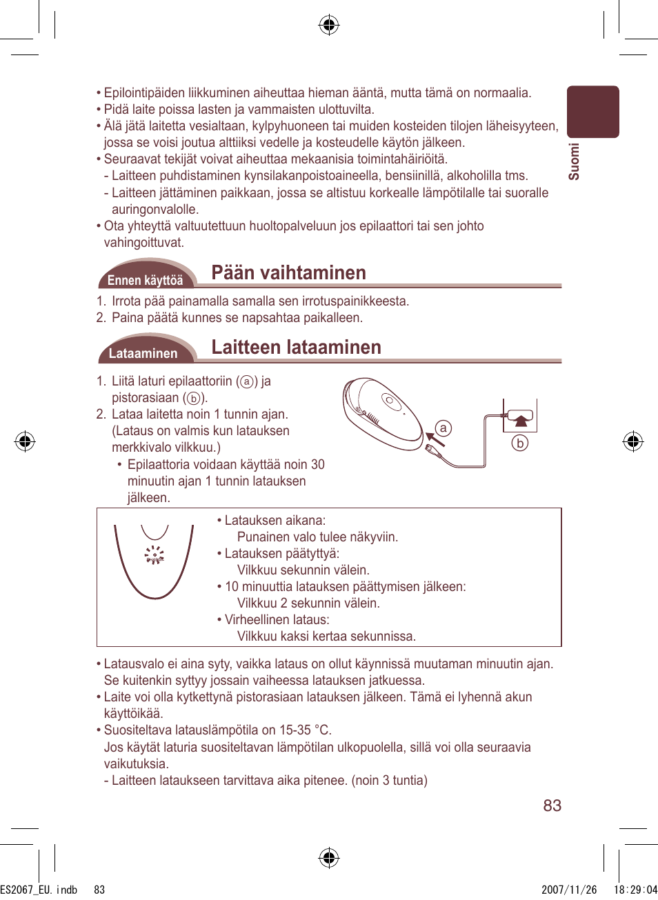 Pään vaihtaminen, Laitteen lataaminen | Panasonic ES2067 User Manual | Page 83 / 168