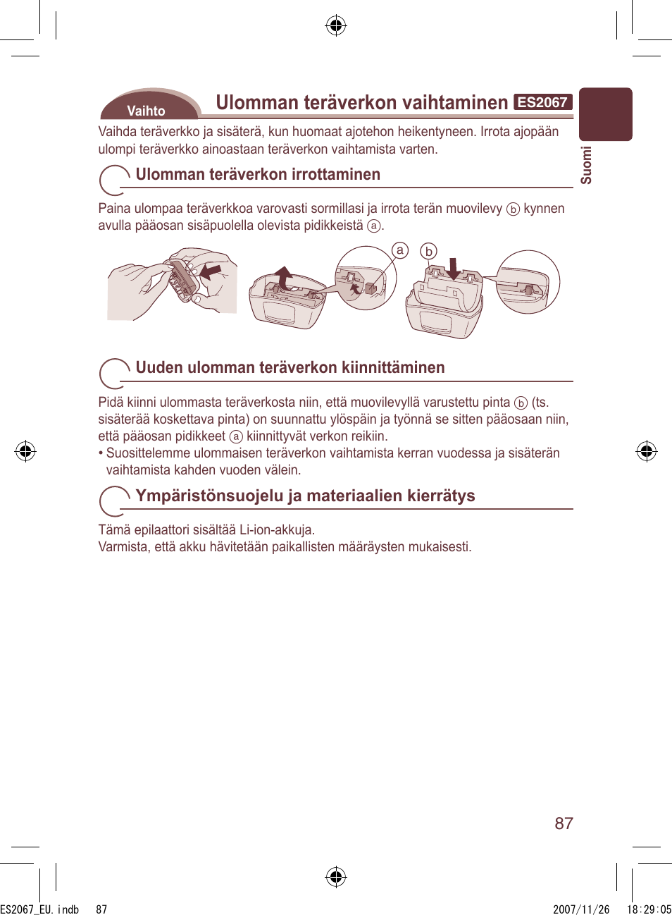 Ulomman teräverkon vaihtaminen | Panasonic ES2067 User Manual | Page 87 / 168