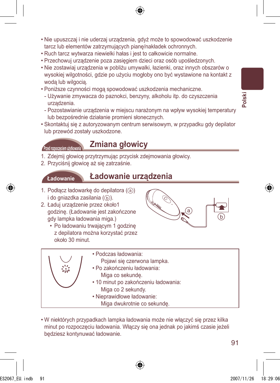 Zmiana głowicy, Ładowanie urządzenia | Panasonic ES2067 User Manual | Page 91 / 168