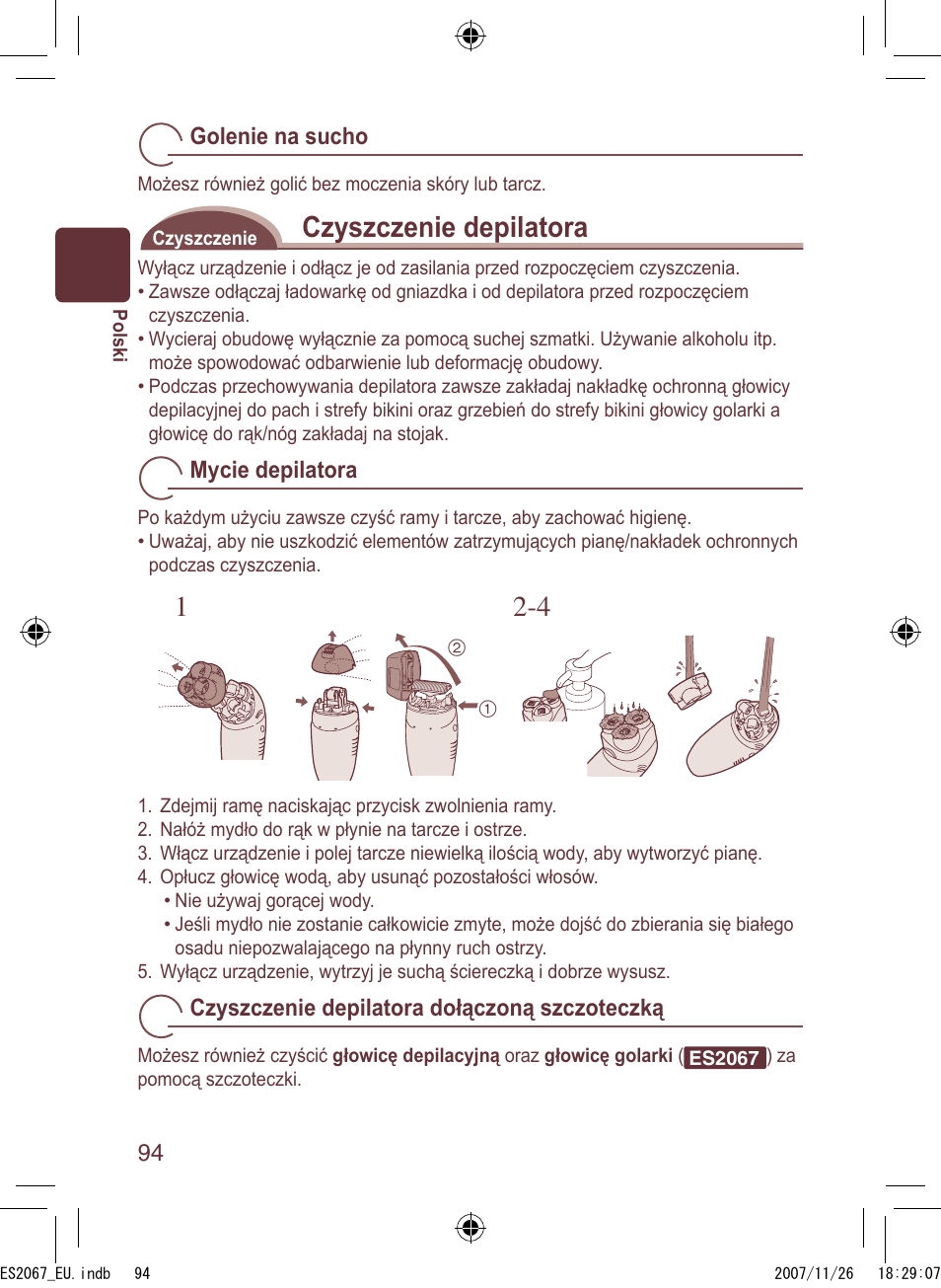 Czyszczenie depilatora | Panasonic ES2067 User Manual | Page 94 / 168