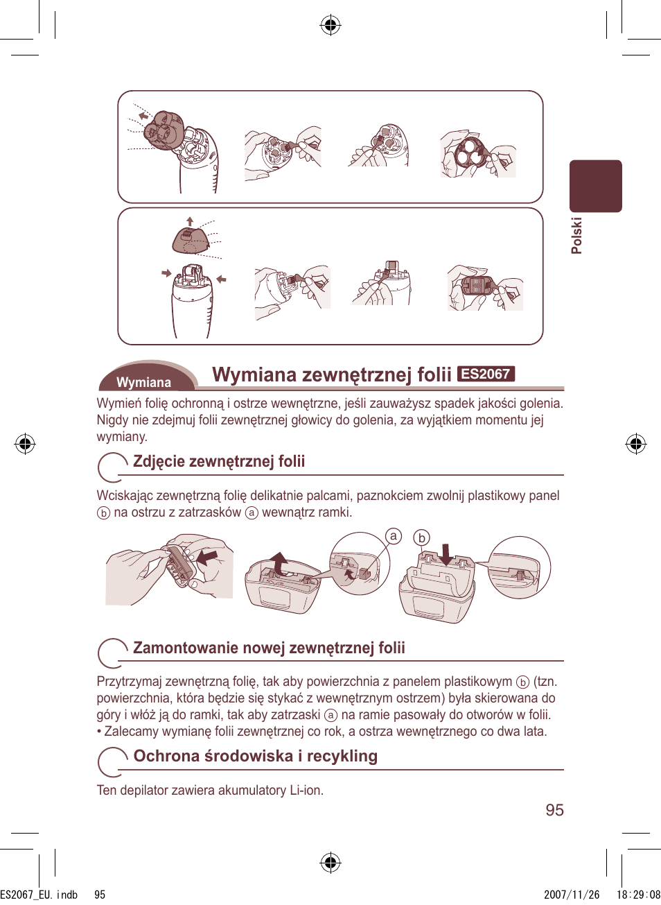Wymiana zewnętrznej folii | Panasonic ES2067 User Manual | Page 95 / 168
