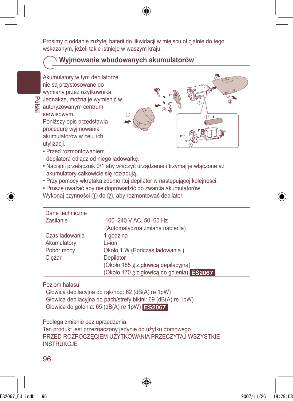 Wyjmowanie wbudowanych akumulatorów | Panasonic ES2067 User Manual | Page 96 / 168