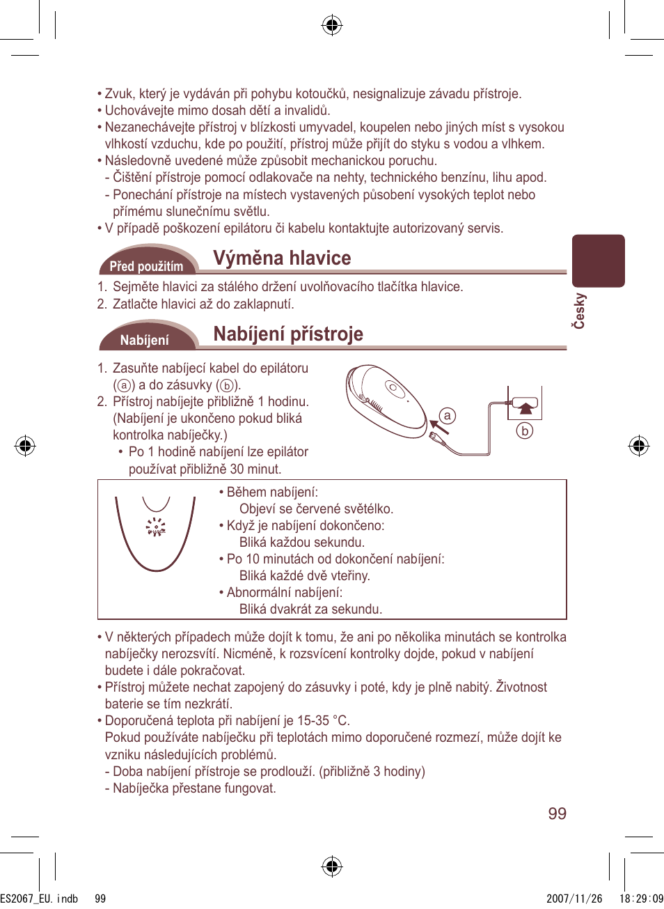 Výměna hlavice, Nabíjení přístroje | Panasonic ES2067 User Manual | Page 99 / 168