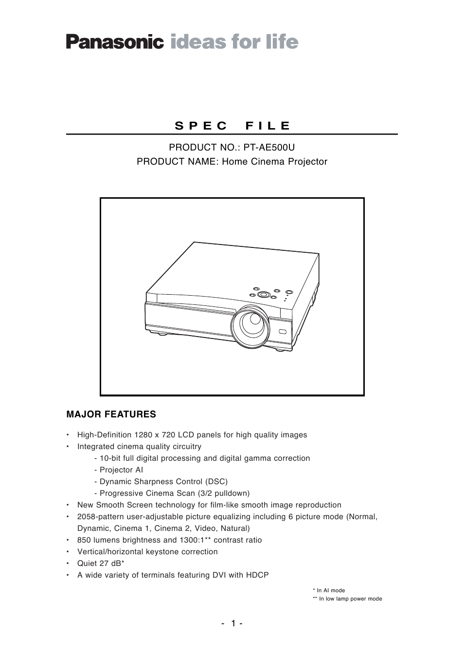 Panasonic PT-AE500U User Manual | 4 pages