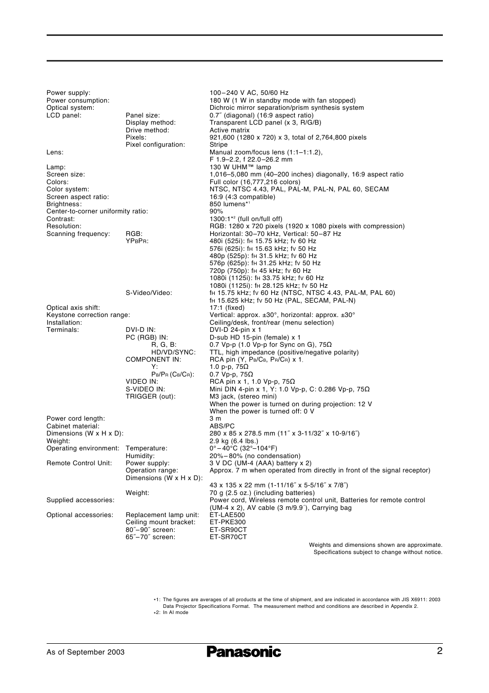 Specifications, Pt-ae500u | Panasonic PT-AE500U User Manual | Page 2 / 4