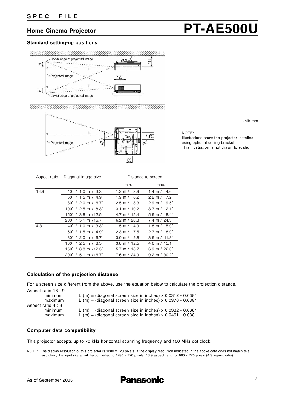 Throw distance, Pt-ae500u | Panasonic PT-AE500U User Manual | Page 4 / 4