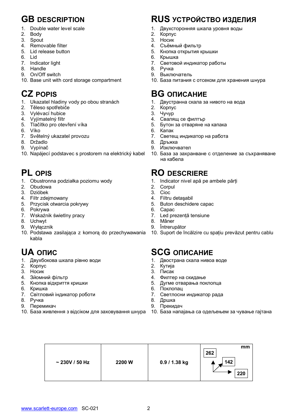 Ua scg | Scarlett SC-021 User Manual | Page 2 / 20